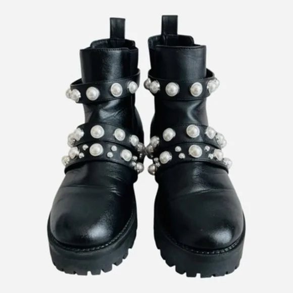 Black Leatherette Pearl Stud Platform Combat Boots Women's Size 7.5 Good Plus - Picture 6 of 9